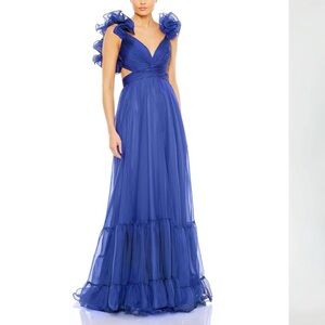 New Mac Duggal Ruffle Tiered Cut-Out Chiffon Gown Blue